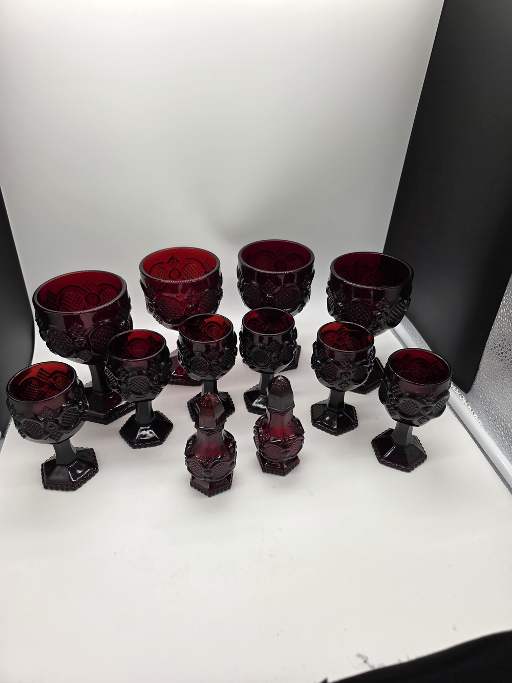 Ruby Red Pressed Glass Goblet and Salt & Pepper Set Avon